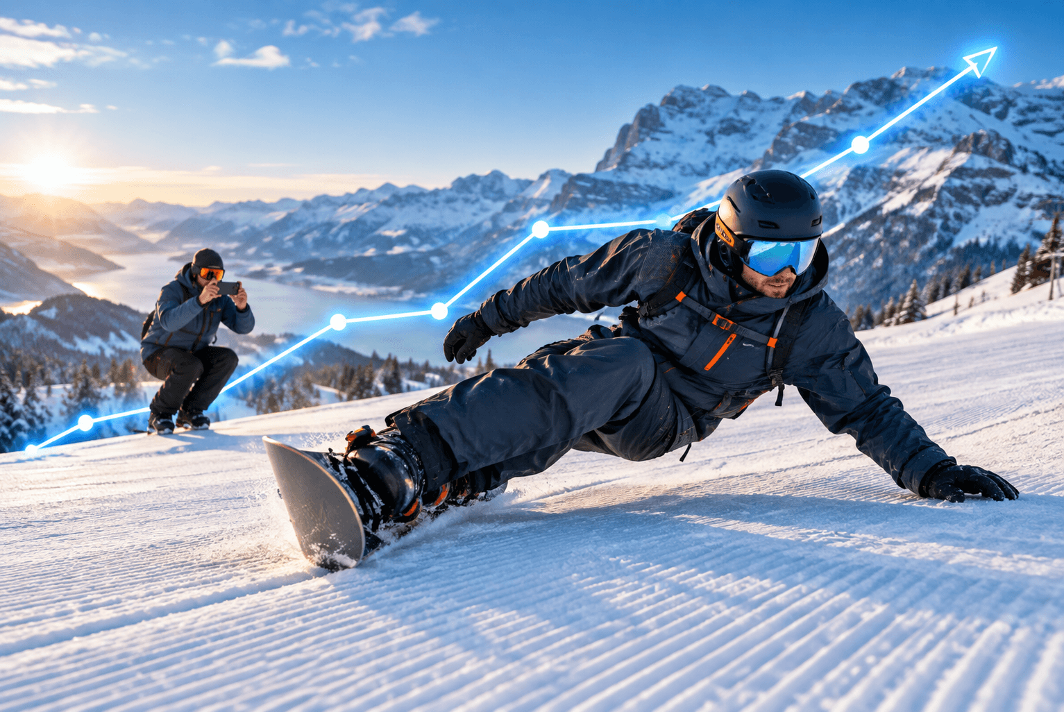 A rider drawing a clean carved arc on edge on a Flumserberg slope.