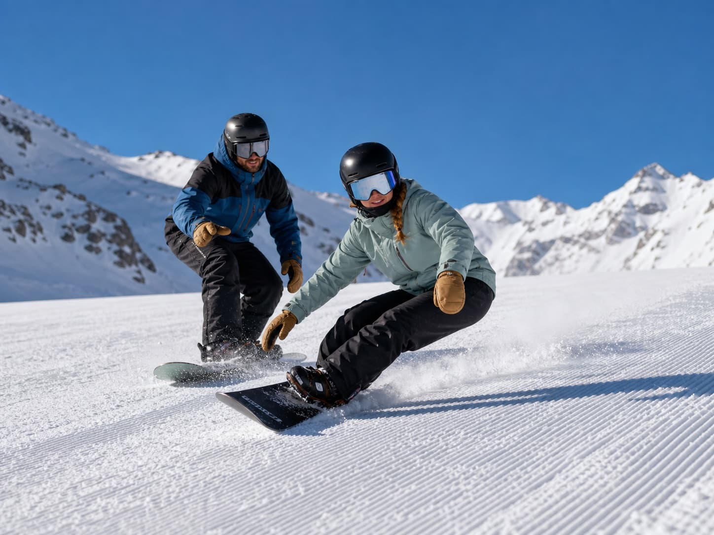 Javi and a rider carving turns together on freshly groomed piste, snow spraying off the edge