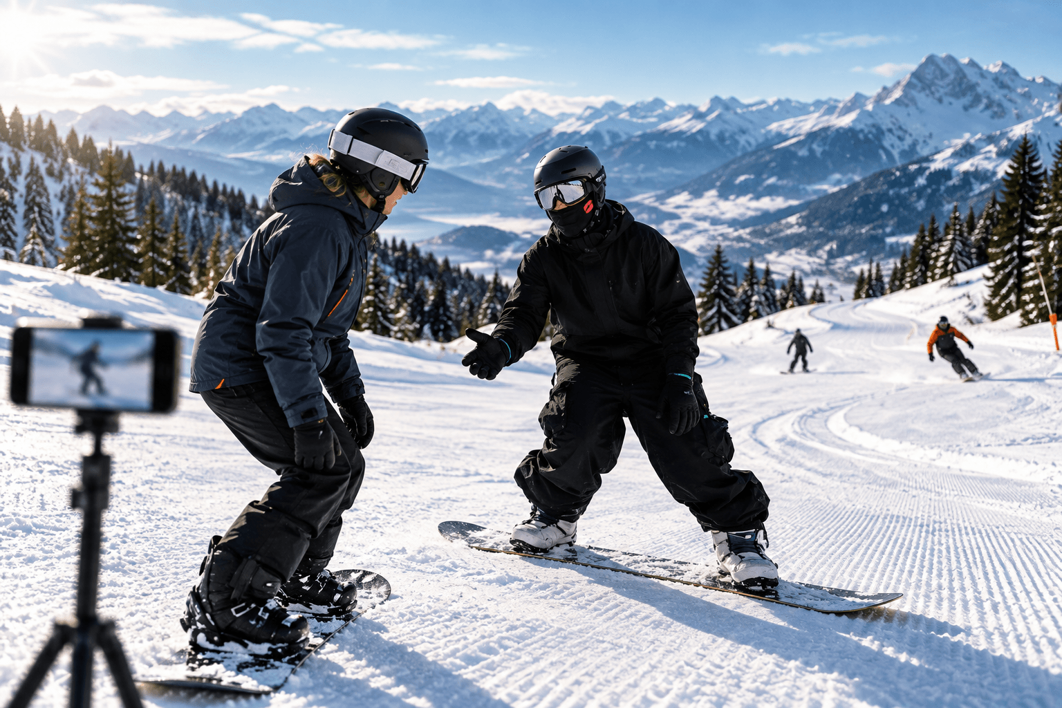 Un instructor de snowboard dando feedback a un rider en una pista de Flumserberg.