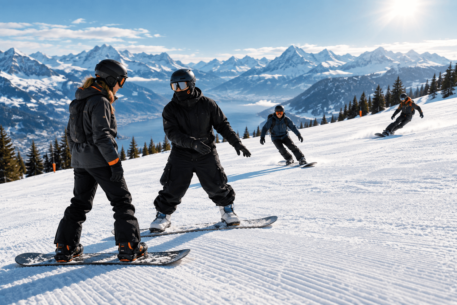 A group of mixed-level snowboarders on a groomed piste in Flumserberg, with the lake and the Alps behind.
