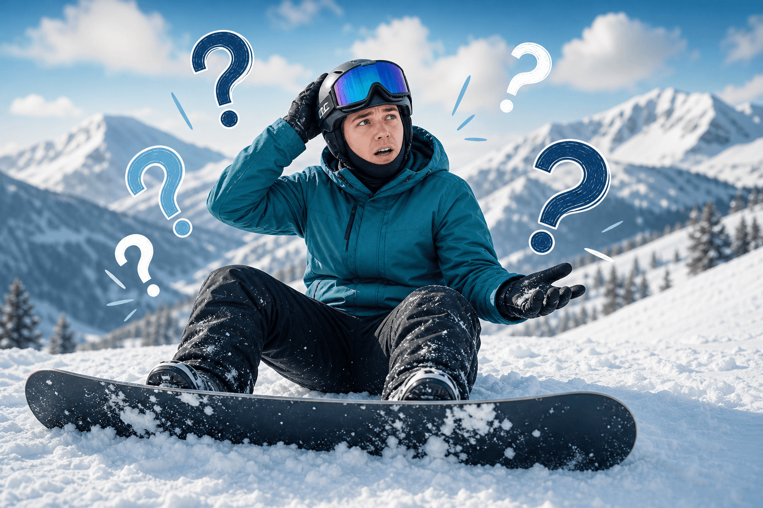 A snowboarder sitting in the snow looking unsure, surrounded by question marks, the Flumserberg mountains behind.