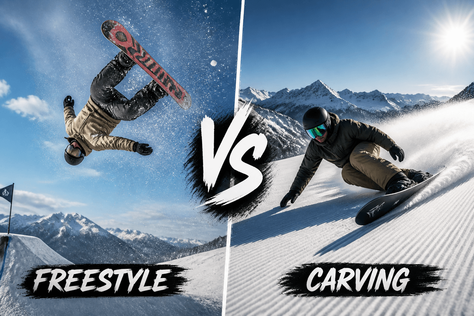 Split image — a freestyle rider inverted over a park jump on the left, a rider carving a groomed slope on the right, VS in the middle.