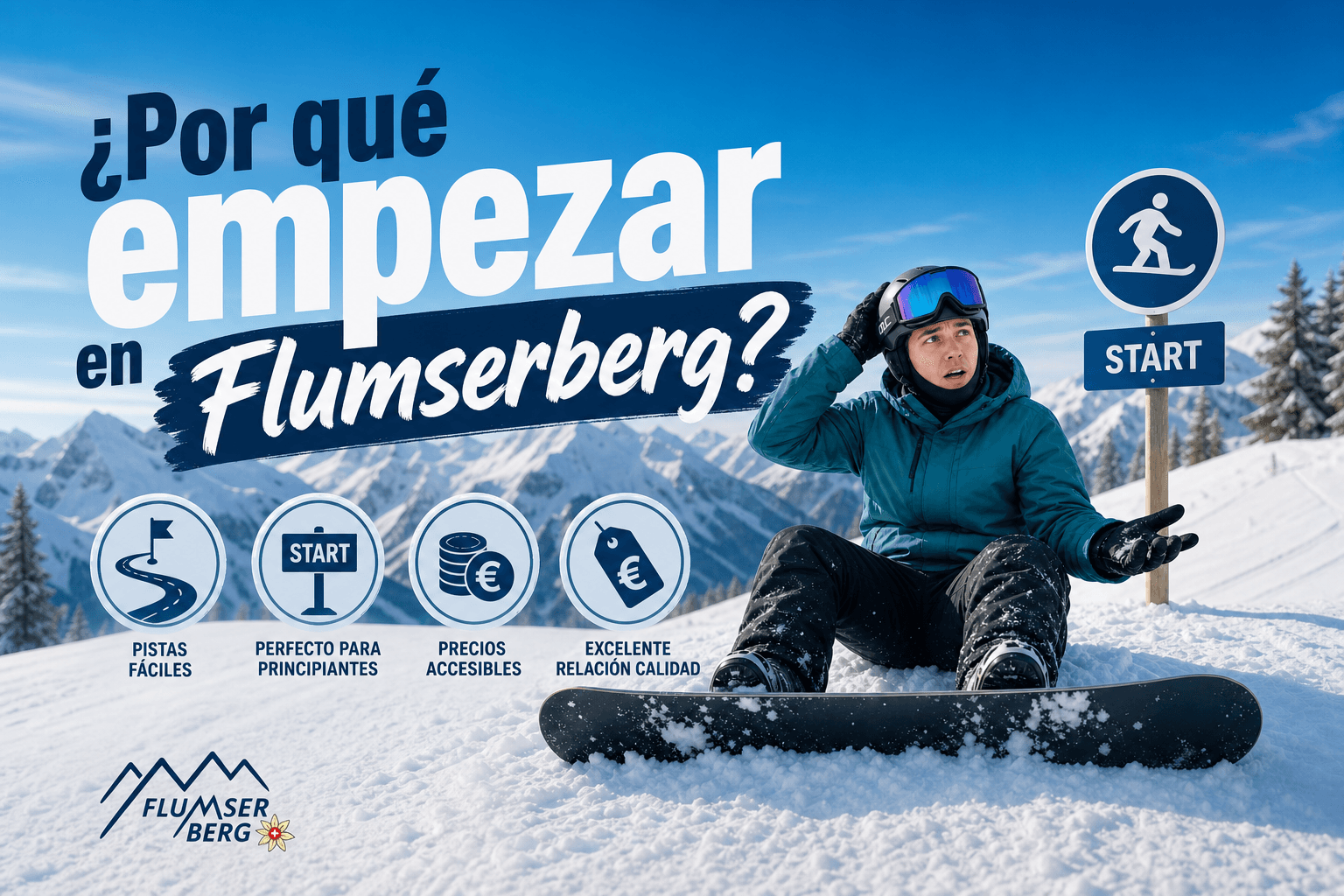 Banner con '¿Por qué empezar en Flumserberg?' sobre una pista de principiantes soleada en Flumserberg, con un snowboarder sentado en la nieve.