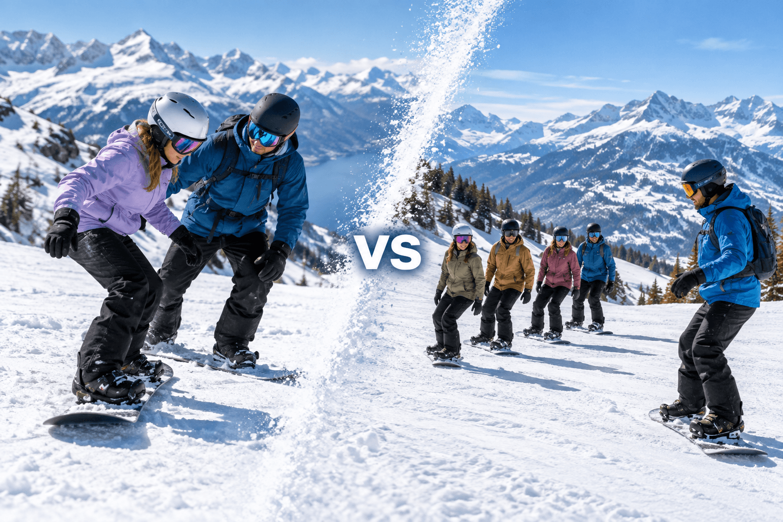 Split image: a one-to-one private snowboard lesson on the left, a bigger group on the right, on a Flumserberg piste.
