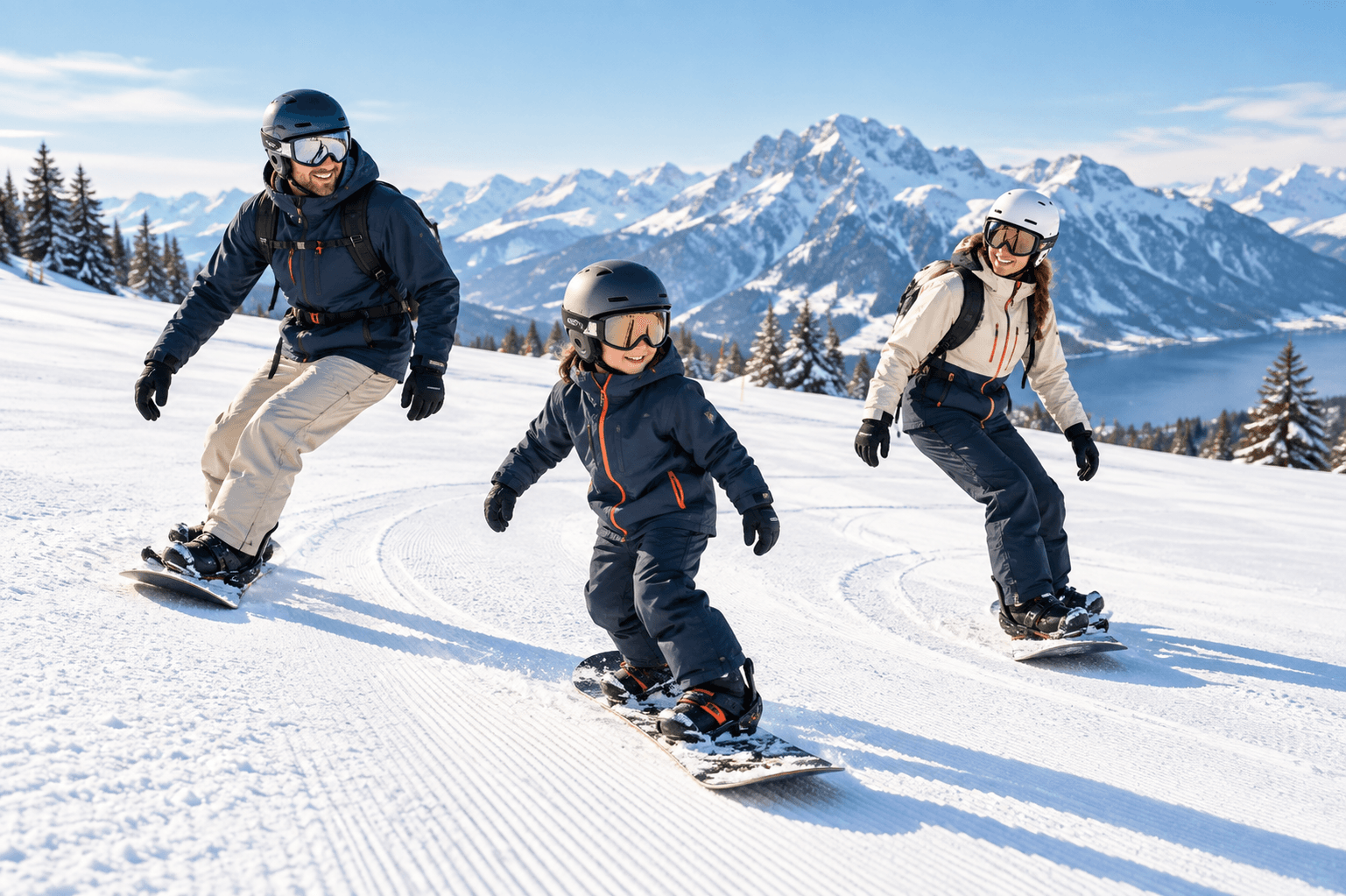 Una familia —padres e hijos— haciendo snowboard junta en una pista suave de Flumserberg.