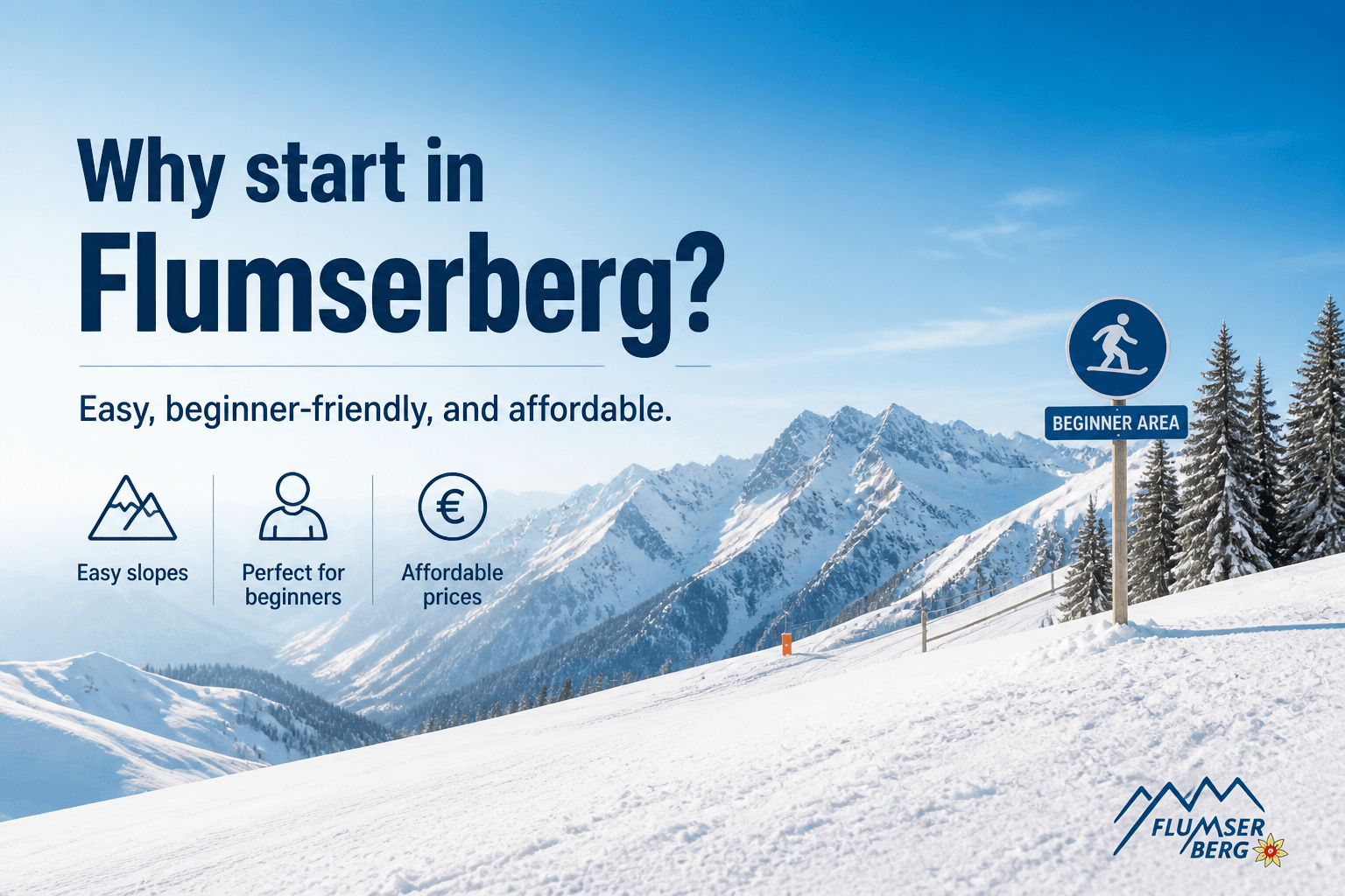 Banner reading 'Why start in Flumserberg? Easy, beginner-friendly, and affordable' over a sunny Flumserberg beginner slope.
